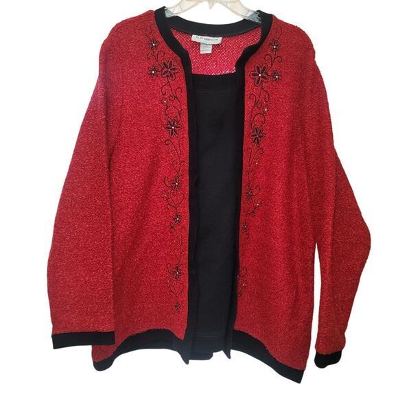 Cathy Daniels Red Black W/Black‎ Trim 2-in-1 Boucle Pullover Sweater Size 1X - Picture 1 of 7